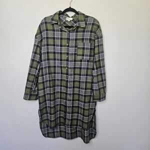 Before‎ You Flannel Shirt Dress Medium Plaid Midi Hi Lo Button Down Green Blue